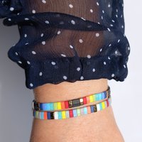 Miyuki tila stretch bracelet set in rainbow and bronze colours, two bracelets with matching designs for stacking or separately, bright summer colours