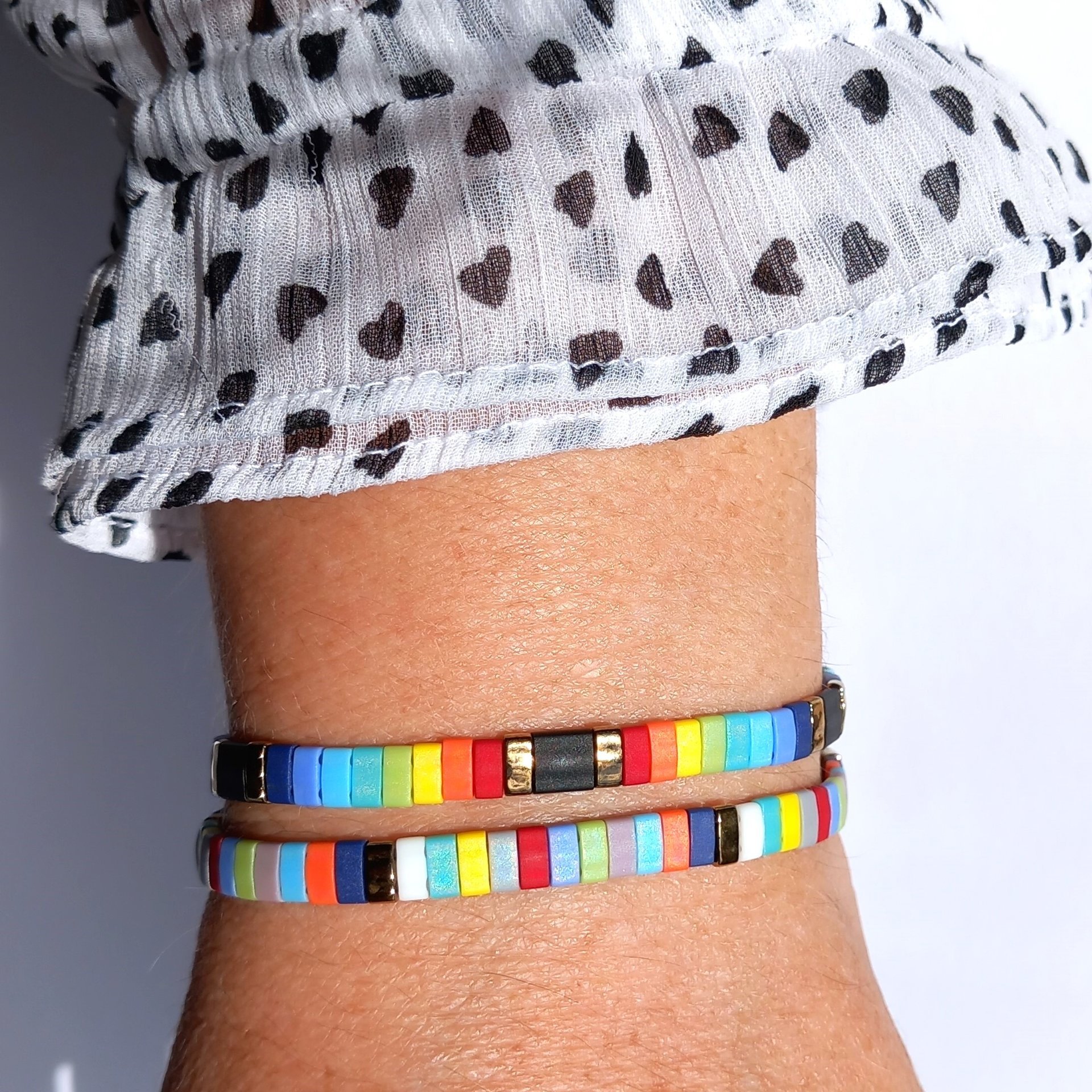 Miyuki tila stretch bracelet set in rainbow and bronze colours, two bracelets with matching designs for stacking or separately, bright summer colours