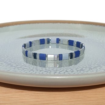 Elegant miyuki beads bracelet strung on transparent stretch cord with tila beads in dark blue, gray and silver color  Handmade with care and attention to detail and made to order at your size